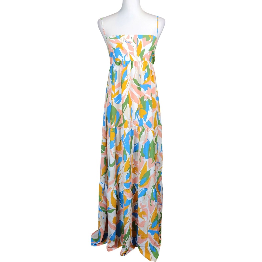 Hello Molly Mustard Green Blue Tiered Maxi Dress Womens 6 Wedding Guest Casual